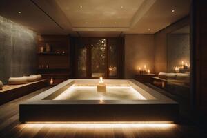 en lyx spa område med en enorm badkar och ljus ljus skapas med generativ ai teknologi. foto