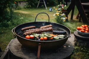 en gott utegrill med korvar och grönsaker skapas med generativ ai teknologi. foto