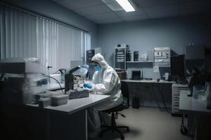 en medicinsk laboratorium med en person på arbete skapas med generativ ai teknologi. foto