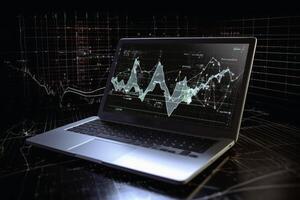 en bärbar dator och analytisk data digital konst skapas med generativ ai teknologi. foto