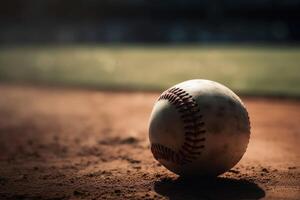 stänga upp av en baseboll med en playfield bakgrund skapas med generativ ai teknologi. foto