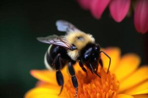 stänga upp av en humla på en färgrik blomma skapas med generativ ai teknologi. foto