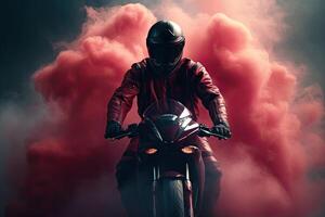 en motorcykel ryttare flygande genom en rök spår. generativ ai foto