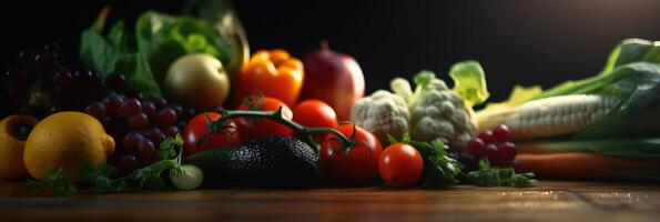 stor uppsättning organisk mat. färsk rå grönsaker. på en svart bakgrund. generativ ai foto