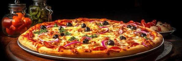 pizza med mozzarella, tomater och basilika på trä- bakgrund. generativ ai foto