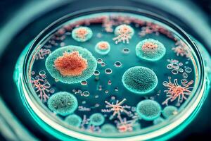 petri maträtt med abstrakt bakterie och virus, makro se. generativ ai illustration foto