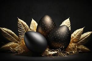 gyllene metallisk och svart målad ägg med gyllene fjädrar på och svart bakgrund. påsk minimal sammansättning. generativ ai illustration foto