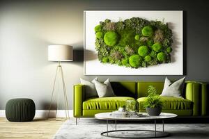modern levande rum interiör med grön soffa mot mossa bild. biofil design. generativ ai illustration foto