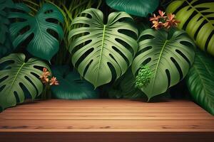 tömma trä- podium för produkt visa på grön tropisk löv bakgrund. generativ ai illustration foto