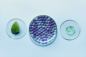 prov av gel bubblor och grön blad i petri maträtt på blå bakgrund, hård skuggor. abstrakt vetenskap, medicin och skönhet begrepp foto