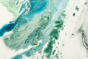 vätska konst akryl färger. abstrakt blandning blå och grön vågor på vit bakgrund. flytande flöden stänk. marmor effekt bakgrund eller textur foto