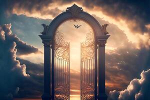 himlen Port till himmel slutet av liv. trappa till himmel. religiös bakgrund. portal bland de moln. generativ ai illustration foto