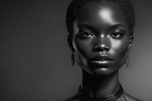 svart och vit mode porträtt skön svart kvinna i studio belysning. generativ ai illustration foto