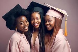 grupp av skön svart amerikan ung kvinna bär en gradering keps. studie, utbildning, examen begrepp. generativ ai illustration foto