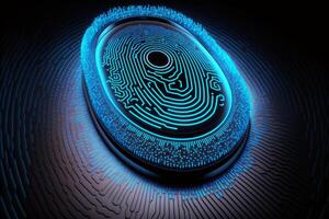 biometri Identifiering och cyber säkerhet begrepp. lysande neon fingeravtryck på mörk bakgrund. generativ ai illustration. foto