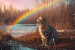 söt sällskapsdjur katt går till regnbåge. liknelse för sällskapsdjur avresa till liv efter detta. generativ ai illustration foto