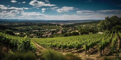 ai genererad. ai generativ. vingård på söder Frankrike provence. vin växt trädgård skörda. romantisk koppla av kyla vibe. grafisk konst foto