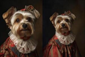 ai genererad. ai generativ. målning av en yorkshire terrier i renässans Kläder realistisk illustration. årgång retro elit vibe. grafisk konst foto