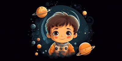 ai genererad. 2d pojke unge person man karaktär på måne galax. astronaut i galax Plats. ai generativ. grafisk konst foto