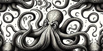 ai genererad. ai generativ. gravyr retro årgång stil bläckfisk träsnitt linocut illustration. grafisk konst foto