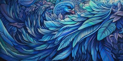 ai genererad. ai generativ. Foto realistisk illustration av blå mjuk fjädrar. mönster bakgrund textur romantisk mysigt vibe. grafisk konst