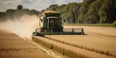 ai genererad. ai generativ. tröskor kombinera traktor på solnedgång fält av vete spannmål växt. jordbrukare utomhus- inspirera vibe. grafisk konst foto