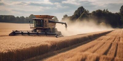 ai genererad. ai generativ. tröskor kombinera traktor på solnedgång fält av vete spannmål växt. jordbrukare utomhus- inspirera vibe. grafisk konst foto