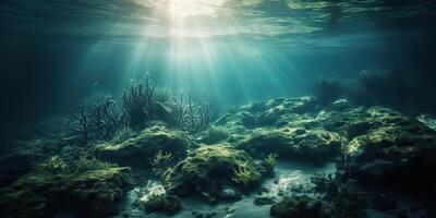 ai genererad. ai generativ. Foto av under hav hav värld. marin nautisk med darm mustigt humör äventyr vibe. grafisk konst