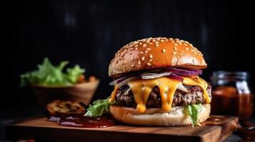 utsökt burger glädje. saftig pastej, smält ost, och knaprig grönsaker på en mörk bakgrund. perfekt tillfredsställande. generativ ai foto