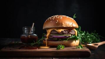 utsökt burger glädje. saftig pastej, smält ost, och knaprig grönsaker på en mörk bakgrund. perfekt tillfredsställande. generativ ai foto