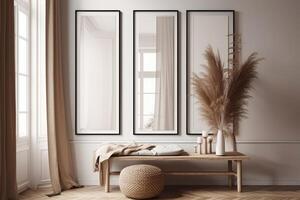 attrapp affisch ram i modern beige Hem interiör, scandinavian stil . ai genererad foto
