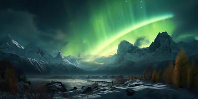 ai genererad. Foto realistisk illustration av aurora nordlig ljus. äventyr expidition vibe. ai generativ. grafisk konst
