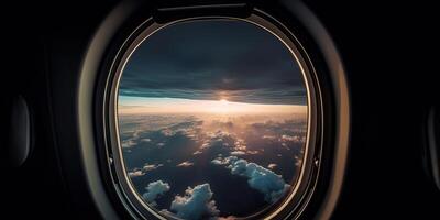 ai genererad. ai generativ. Foto realistisk illustration av moln ovan himmel upp i de luft se genom de luft plan flygplan fönster. äventyr resa semester vibe. grafisk konst