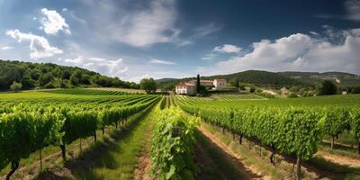 ai genererad. ai generativ. vingård på söder Frankrike provence. vin växt trädgård skörda. romantisk koppla av kyla vibe. grafisk konst foto