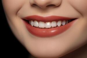 bred leende av de kvinna med bra friska vit tänder. generativ ai foto