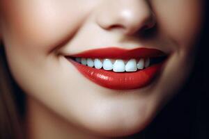 bred leende av de kvinna med bra friska vit tänder. generativ ai foto