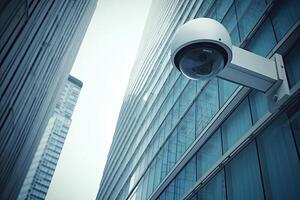 säkerhet kamera på modern byggnad. cCTV på de vägg i de stad. generativ ai foto