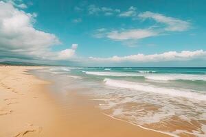 tropisk sommar strand med gyllene sand, turkos hav och blå himmel. generativ ai foto