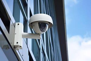 säkerhet kamera på modern byggnad. cCTV på de vägg i de stad. generativ ai foto