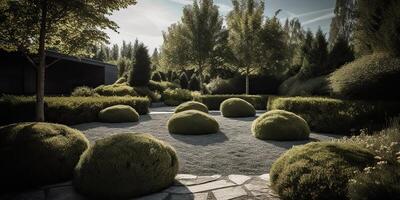 ai genererad. ai generativ. Foto realistisk illustration av scandinavian fred lugna meditation trädgård utanför stad hus. koppla av vibe. grafisk konst