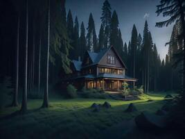 en hus i en mörk skog med de lampor på ai genererad foto