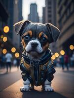 en hund bär en jacka och en luvtröja sitter på en gata. ai genererad foto