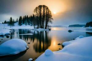 landskap snöig berg med sjö ai generera foto