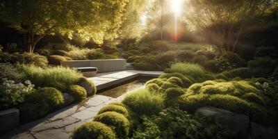 ai genererad. ai generativ. Foto realistisk illustration av scandinavian fred lugna meditation trädgård utanför stad hus. koppla av vibe. grafisk konst