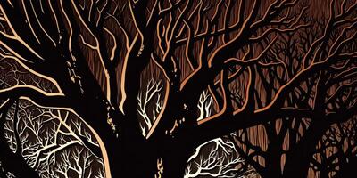 ai genererad. ai generativ. gravyr årgång retro träsnitt linocut läskigt ondska halloween skog illustration. grafisk konst foto