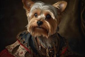 ai genererad. ai generativ. målning av en yorkshire terrier i renässans Kläder realistisk illustration. årgång retro elit vibe. grafisk konst foto