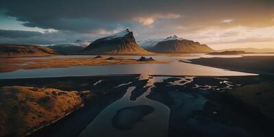 ai genererad. ai generativ. makro skott antenn Drönare se av island landskap scen. filmiska äventyr utforska vibe. grafisk konst foto