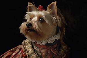 ai genererad. ai generativ. målning av en yorkshire terrier i renässans Kläder realistisk illustration. årgång retro elit vibe. grafisk konst foto