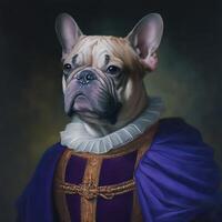 ai genererad. ai generativ. Foto realistisk illustration av söt franska bulldogg frenchie hund i historia renässans trasa kostym. grafisk konst