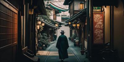 ai genererad. ai generativ. Foto realistisk fotografi illustration av gammal gammal årgång retro japan kyoto stad. äventyr asiatisk utforskning vibe. grafisk konst